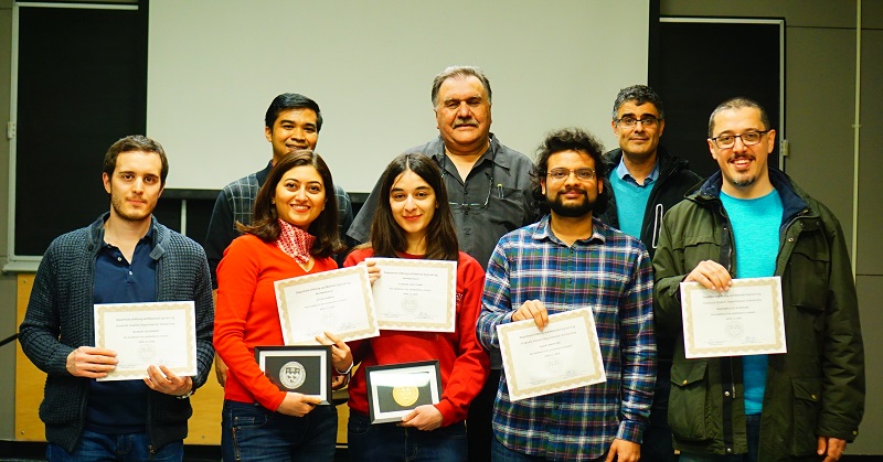 Congratulations to Mahmoud, Saad and Leyla for receiving 2017 Mining and Materials Engineering Graduate Excellence and Silver Awards. Clockwise, from top left: Profs. Sasmito, Hassani,  Kumral; Mahmoud, Saad, Asli, Leyla, Burak.