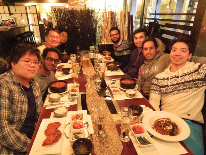 Mine Multiphysics group supper (Amin’s farewell), winter 2016. From left to right: Matt, Bhargav, Dr. Gao, Ryan, Saad, Prof. Sasmito, Amin-K, Aurelien.